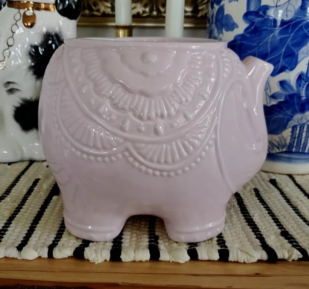 Ceramic Pink Elephant Planter Container Utensils Crock