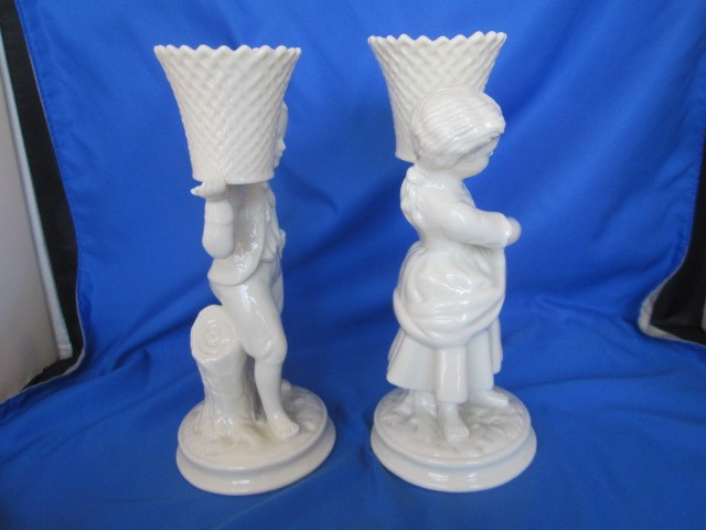 Belleek Victorian Boy and Girl Basket Candle Holders Ireland 6th & 7th Mark Vtg
