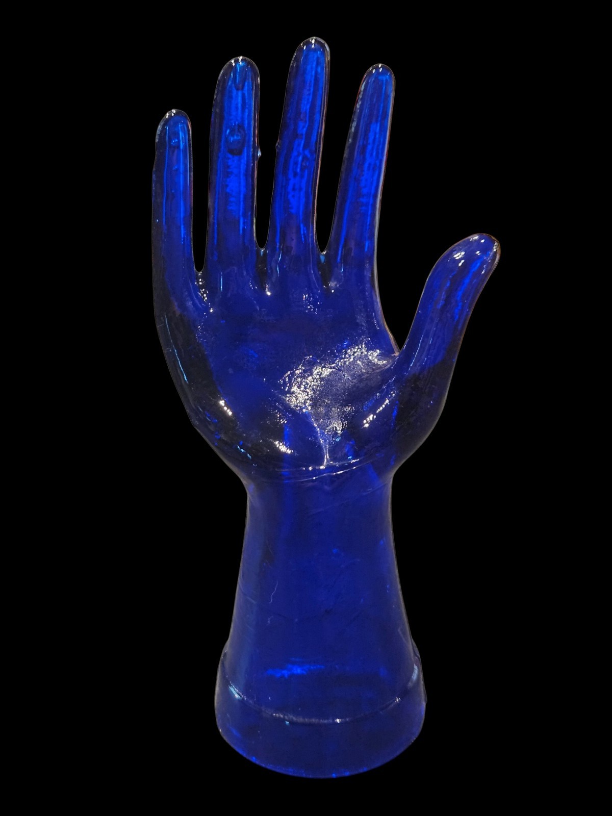 Vintage Cobalt Blue Glass Hand Mannequin Jewelry Display Ring Holder 8″ Tall