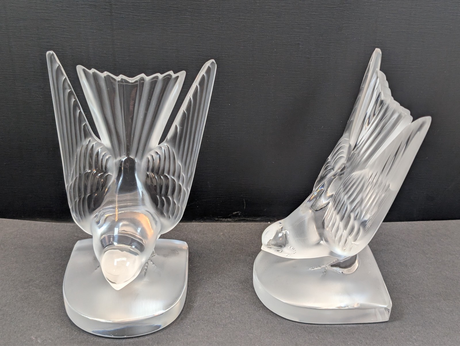 Lalique France Hirondelles Swallow Crystal Bookends Pair Frosted Signed MINT