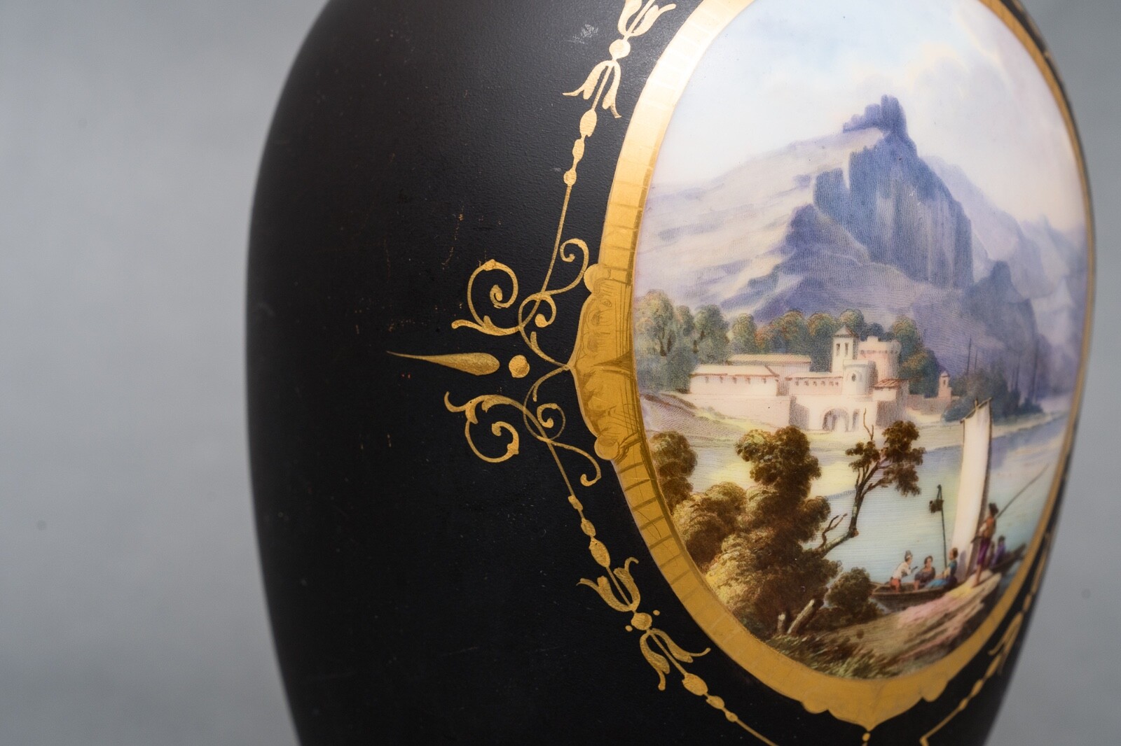 Antique Black ebony vase hand-painted porcelain. Classic motifs gold decoration