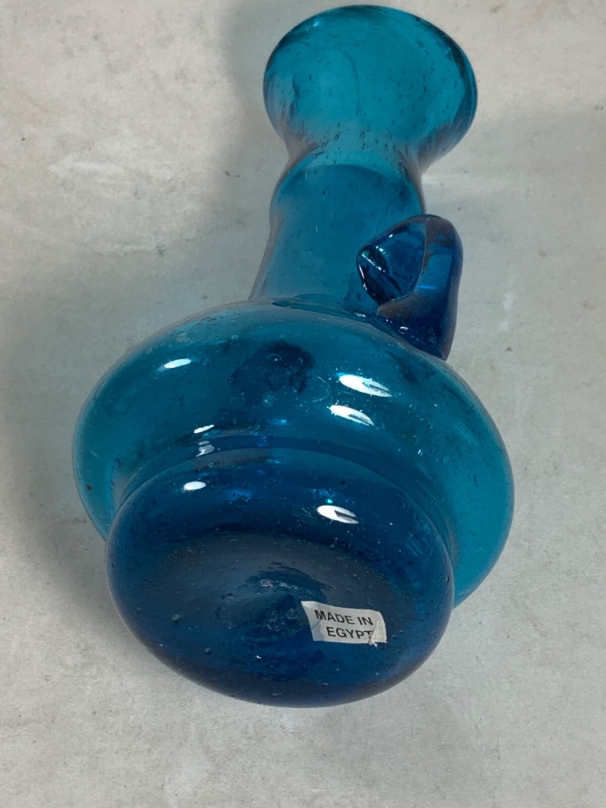 Vintage Hand Blown Blue Glass Small Vase with Applied Handles Made in Egypt 6″