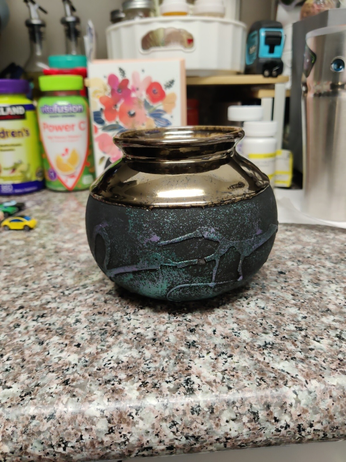 Redware Pottery Small Vase Blue With Bronze Glaze 3 Inches Tall
