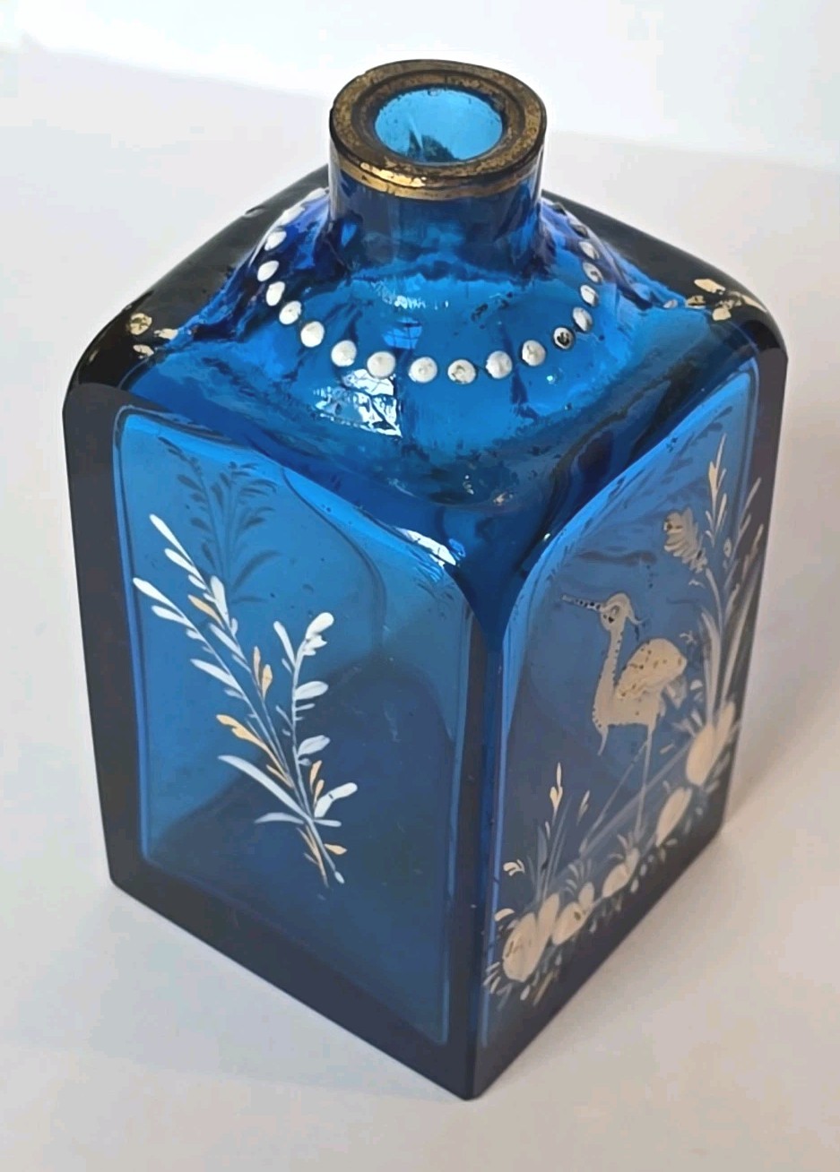 Cobalt Antique Bohemian Glass Dresser Bottle Enamel Decoration Of Heron In Marsh