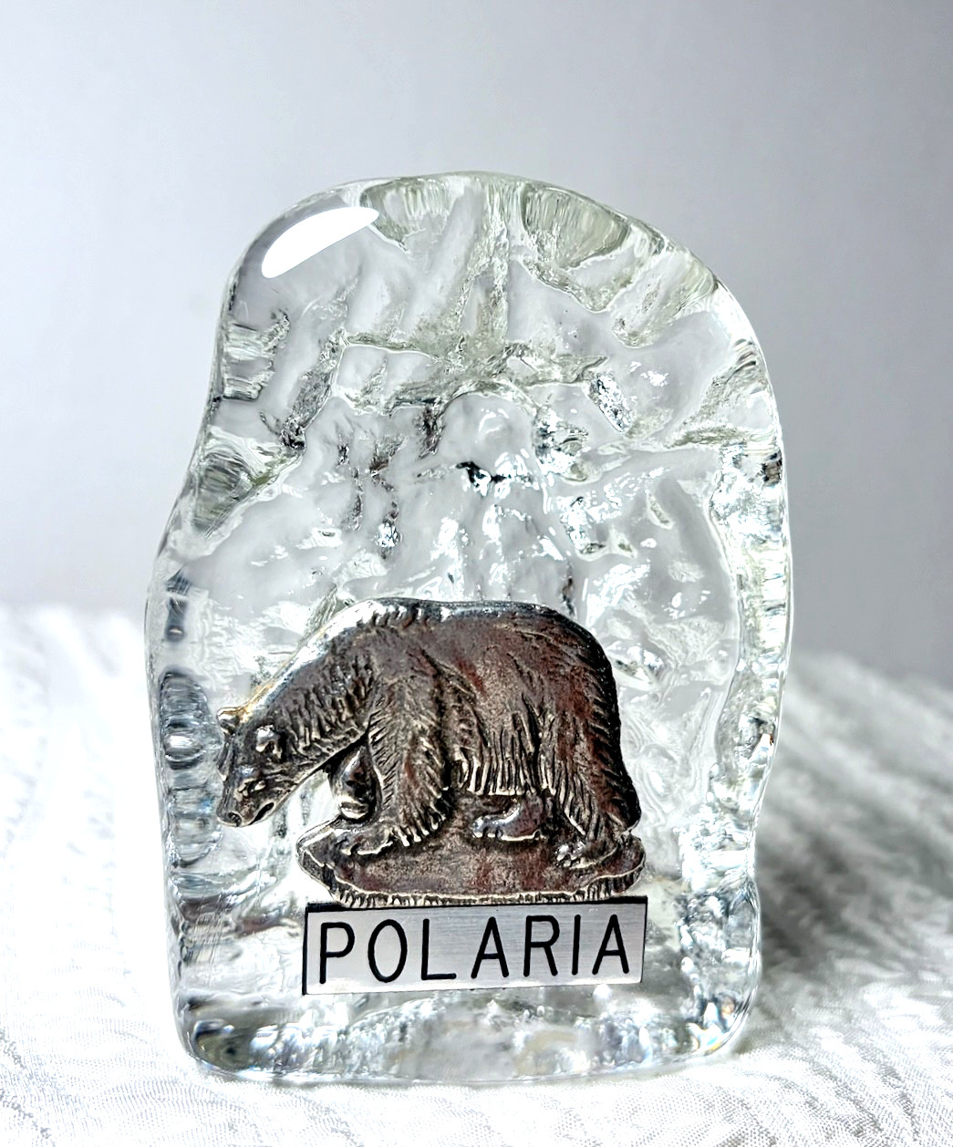 New Polaria Crystal Figurine Paperweight w Silverplate Polar Bear Norway