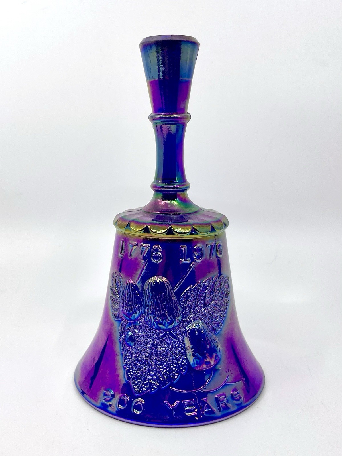 Signed Joe St. Clair Bicentennial Cobalt Blue Carnival Glass Bell 7”1776-1976