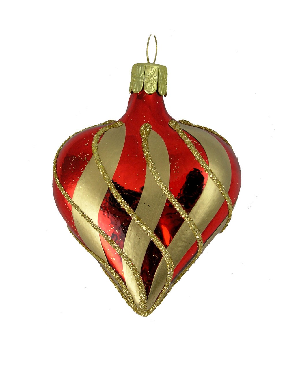 Shiny Red Heart w/ Gold Stripes and Glitter Hand Blown Glass Christmas Ornament