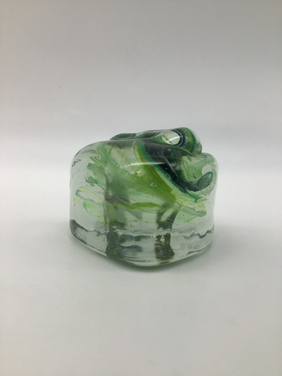 Heart Hand Blown Glass Paperweight Green/Blue/Yellow Swirl 1.75 Inch