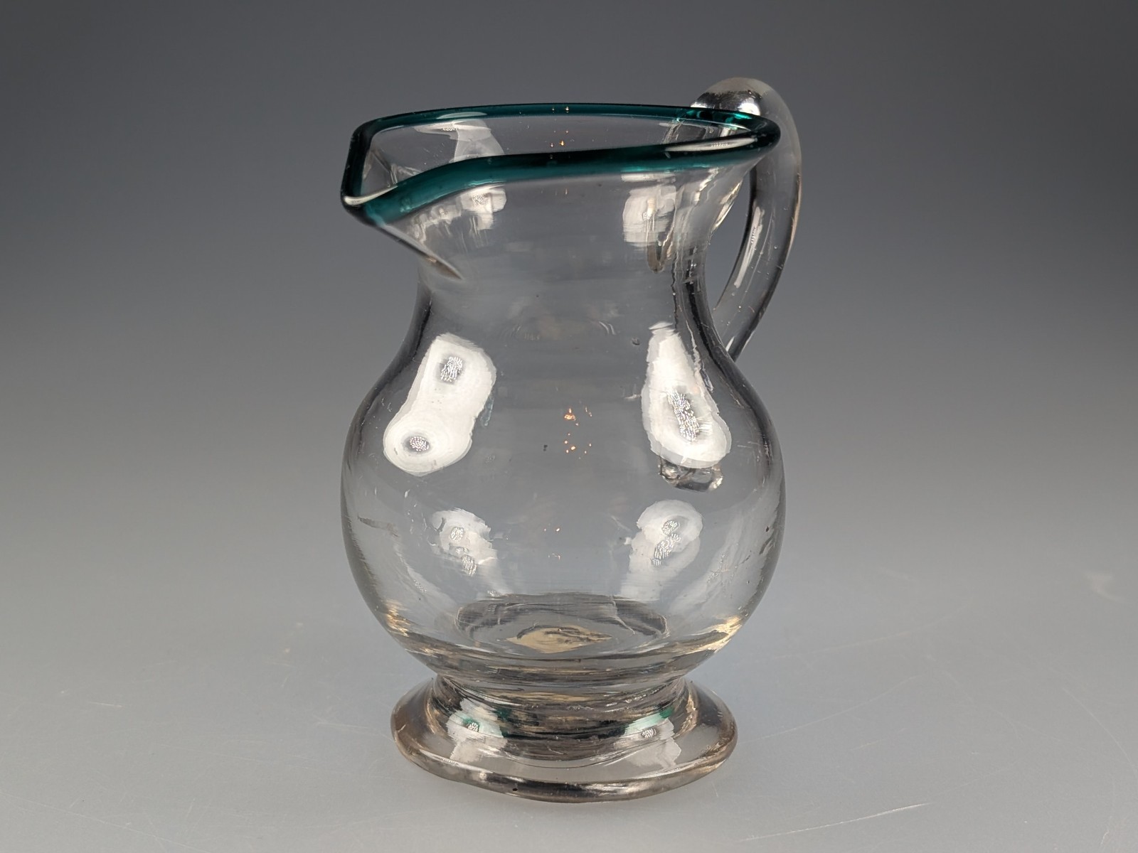 Antique c1800 Georgian Glass Small Jug Pitcher with Teal Blue Rim