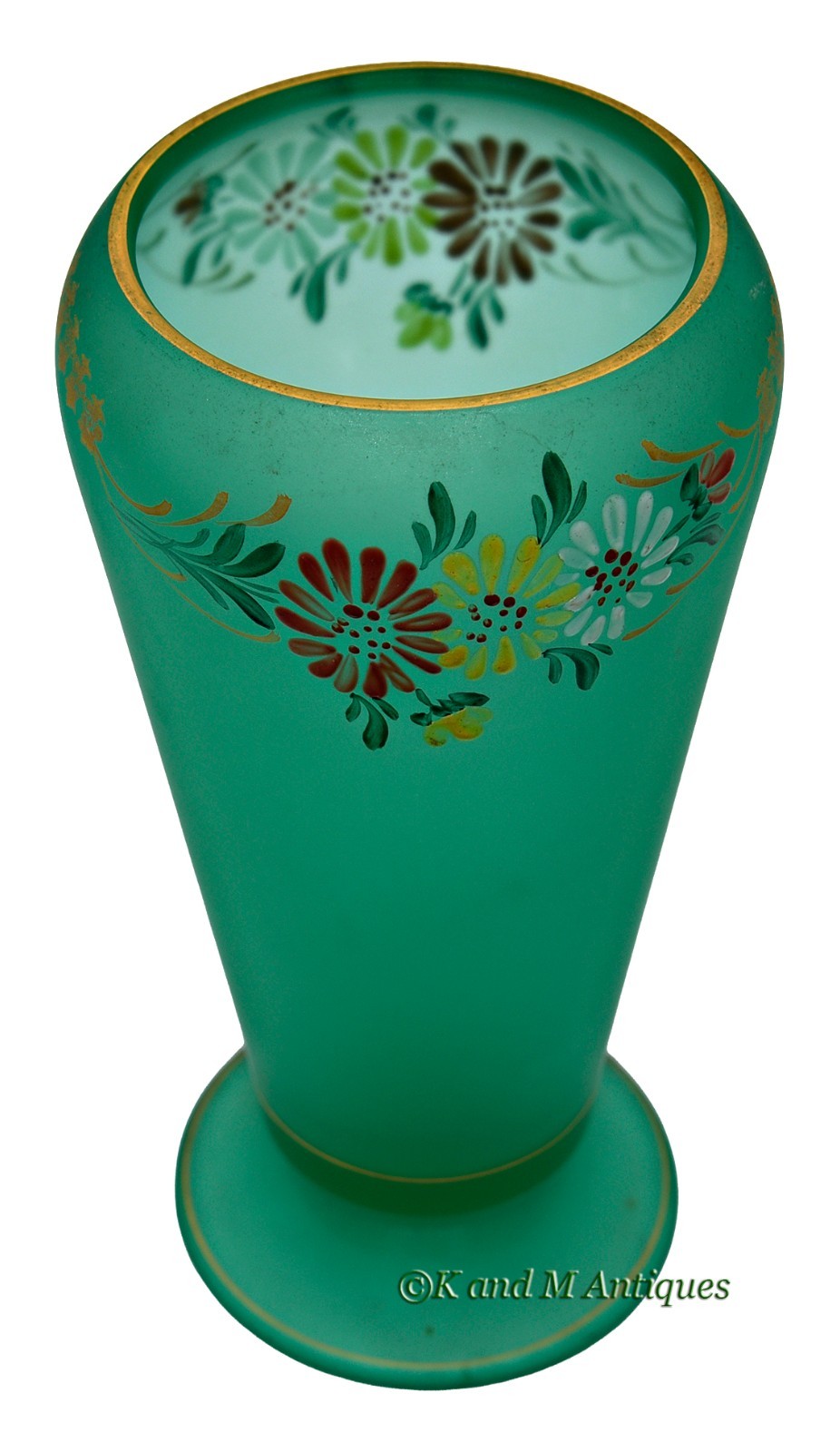 Tiffin / U.S. Glass Green #15151  Footed Vase with Enameled Floral Decoration