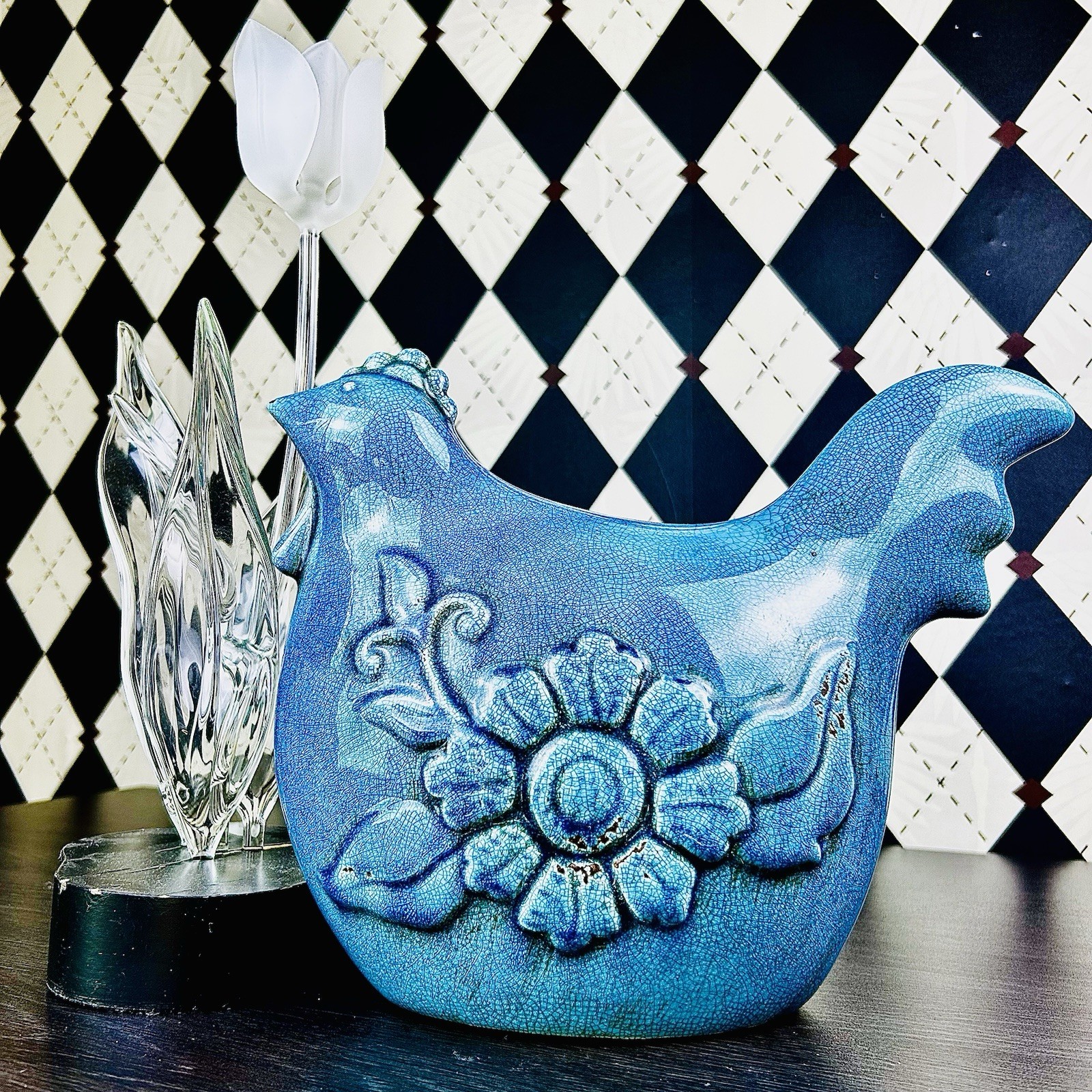 Large Danish Midcentury 13″ Ceramic Hen 1960s Turquoise Crackle Glaze Sculpture