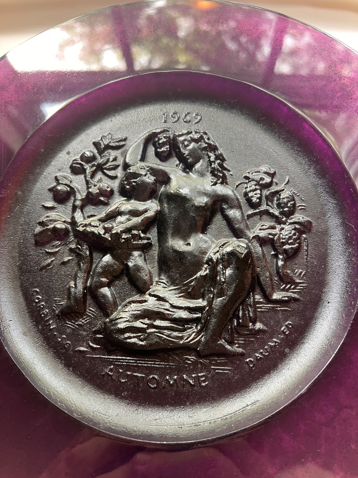 Daum France Pate de Verre Amethyst Glass Plate Automne Raymond Corbin 1969 10in
