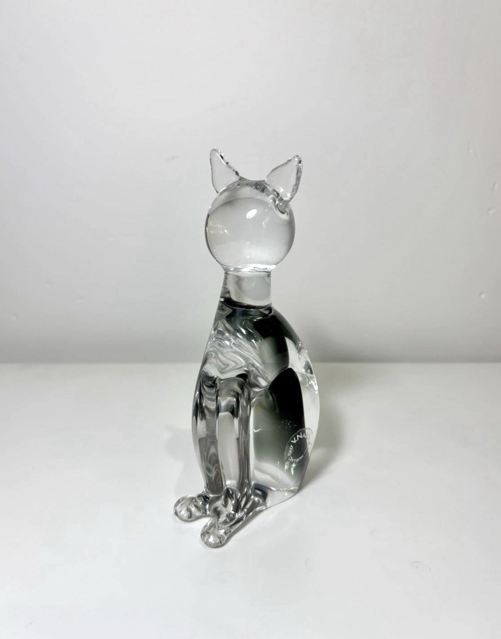 Murano Glass Cat Figurine/Paperweight Clear Black Sommerso Swirl V Nason MCM