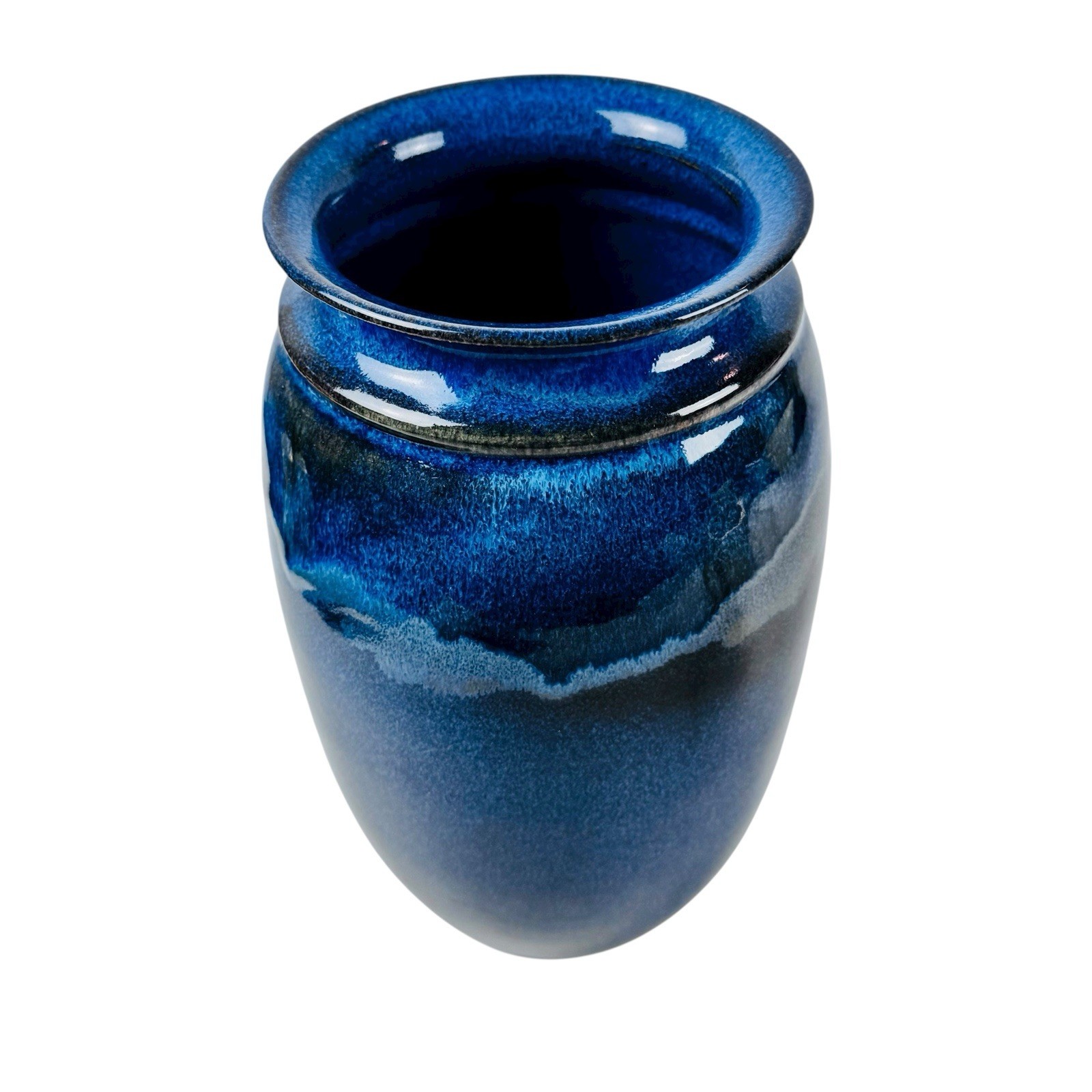 Signed Studio Pottery Vase – Blue Drip Glaze Handmade Ceramic Art Pot – 8” Tall