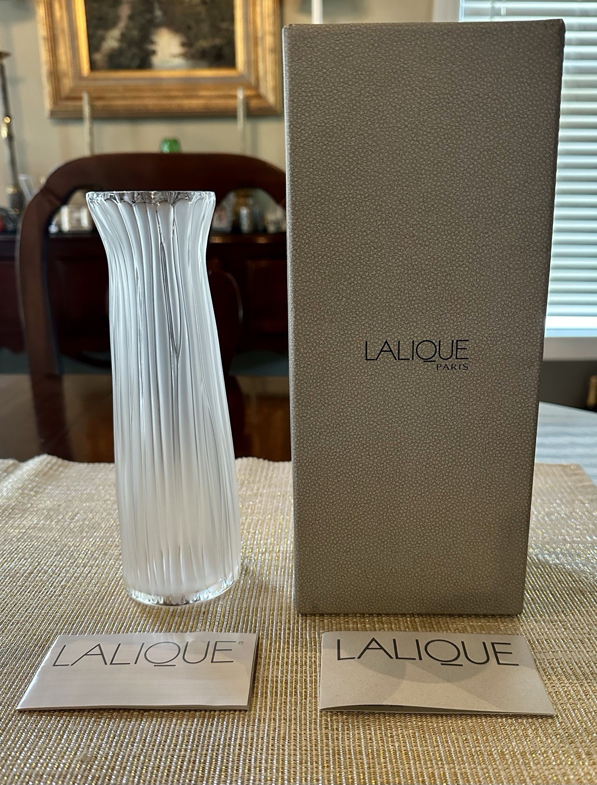 Lalique Luxury Crystal Clear Frosted Vase Brindille Incolore 8×2.5″ NIB