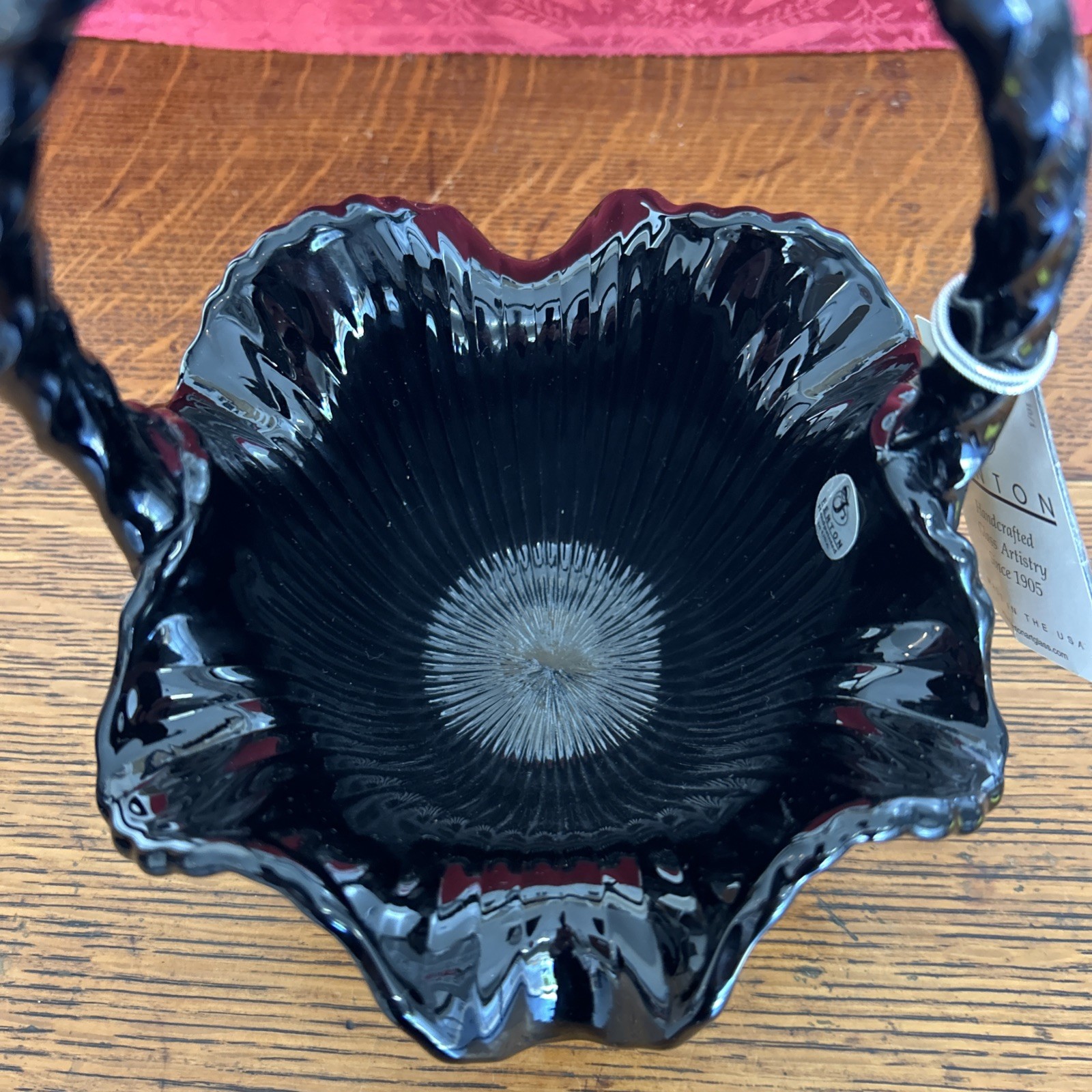 Fenton Glass Basket Midnight Safari Jungle Jaguar Zebra Giraffe Black Amethyst