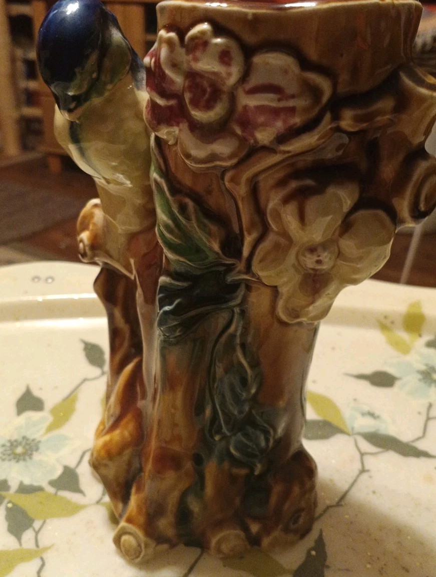 Vintage Japanese Figural Bird Flowering Tree Branch Large Majolica Pottery Vase
