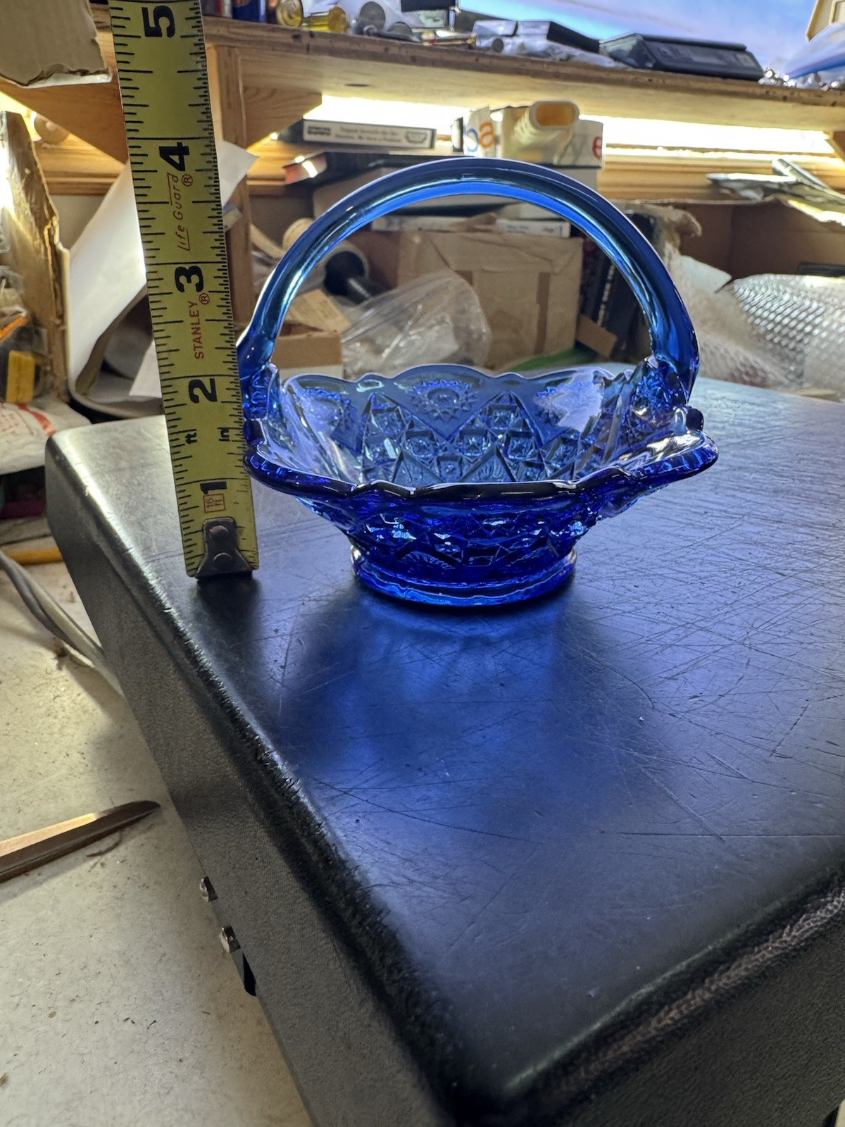 Vintage 80s Imperial Glass Basket Blue Starburst Beautiful Signed Marked