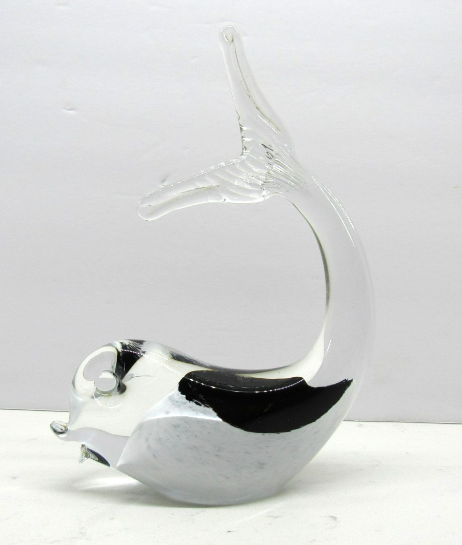 VTG. Murano Glass Dolphin Standing Tail Up Clear, Black , White Figurine 6 3/4″