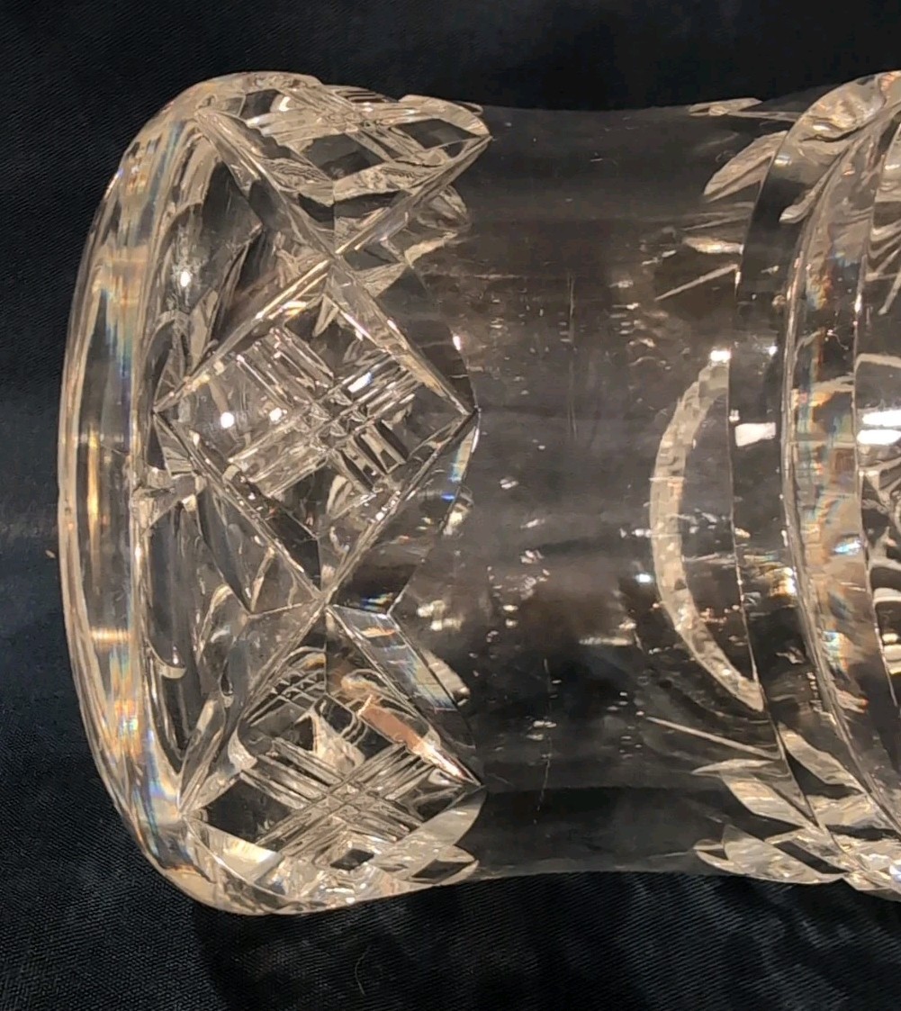 Vintage Cut Crystal Glass Vase Sawtooth Rim Wide Opening Star Sunburst Brilliant
