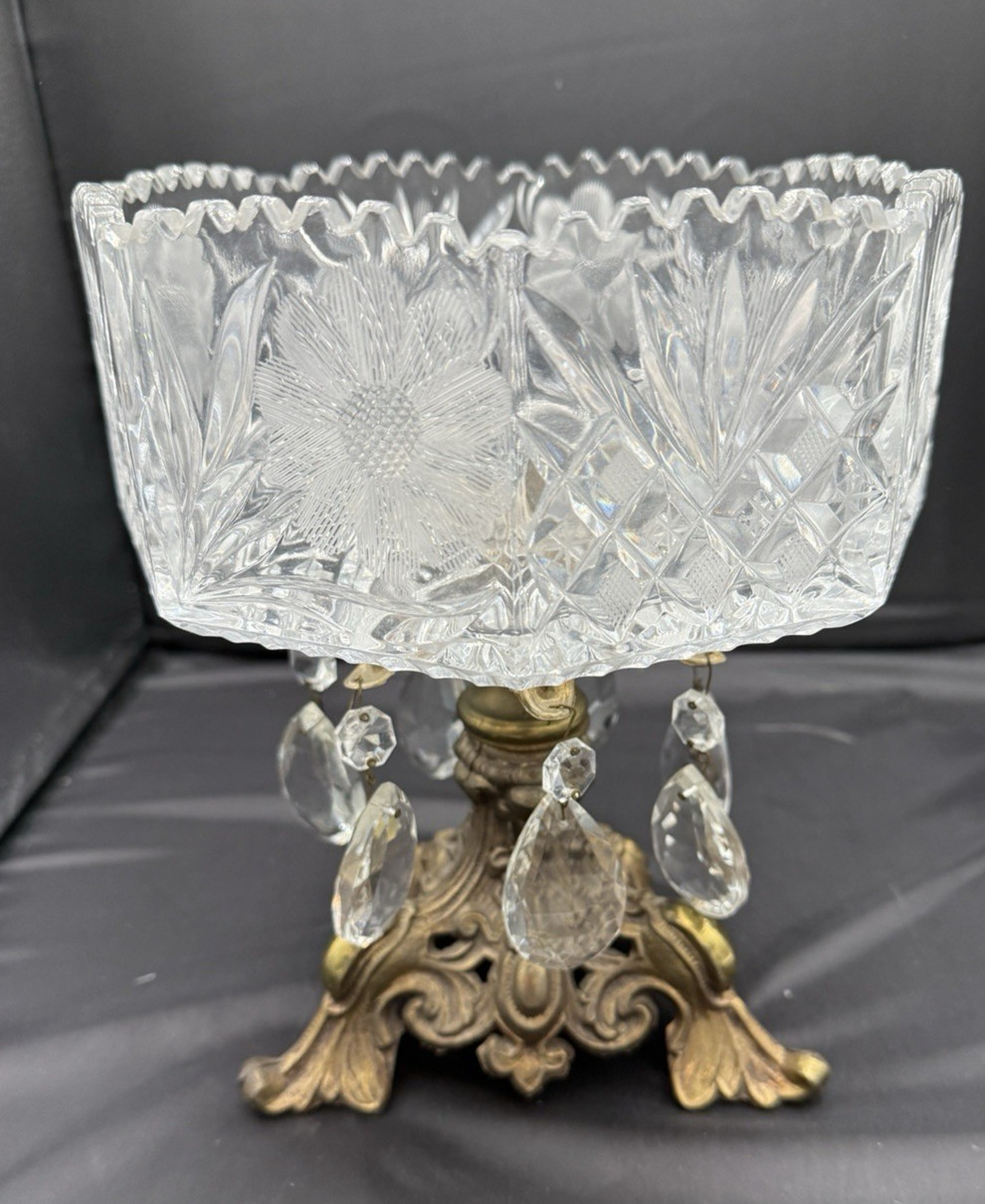L & L WMC Crystal Swiveling Cut Glass Compote Bowl Ornate Brass Base Prisms HTF