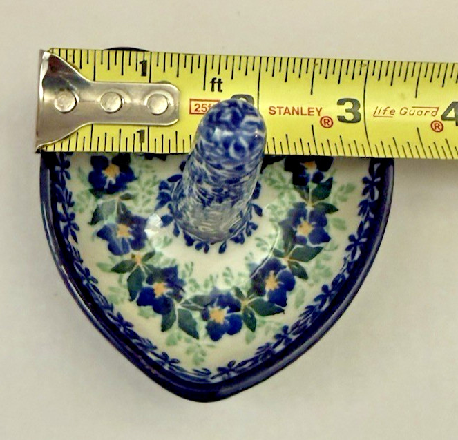 Polish Pottery Heart Shaped Floral Ring Ceramic Holder 3″ Flower Blue Green