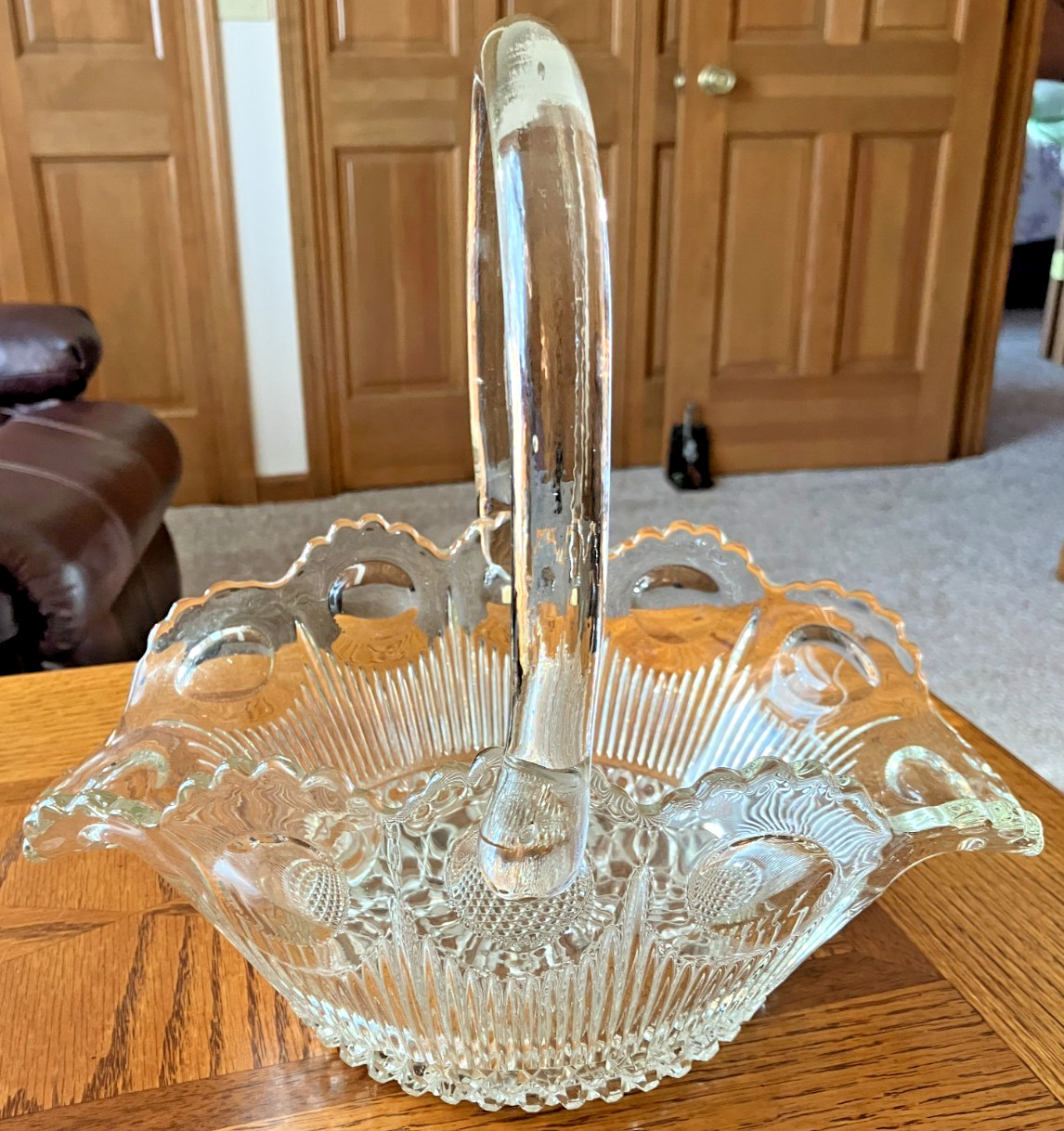 Rare US Glass Manhattan Large Basket. 11-1/2” Long Clear EAPG Tiffin