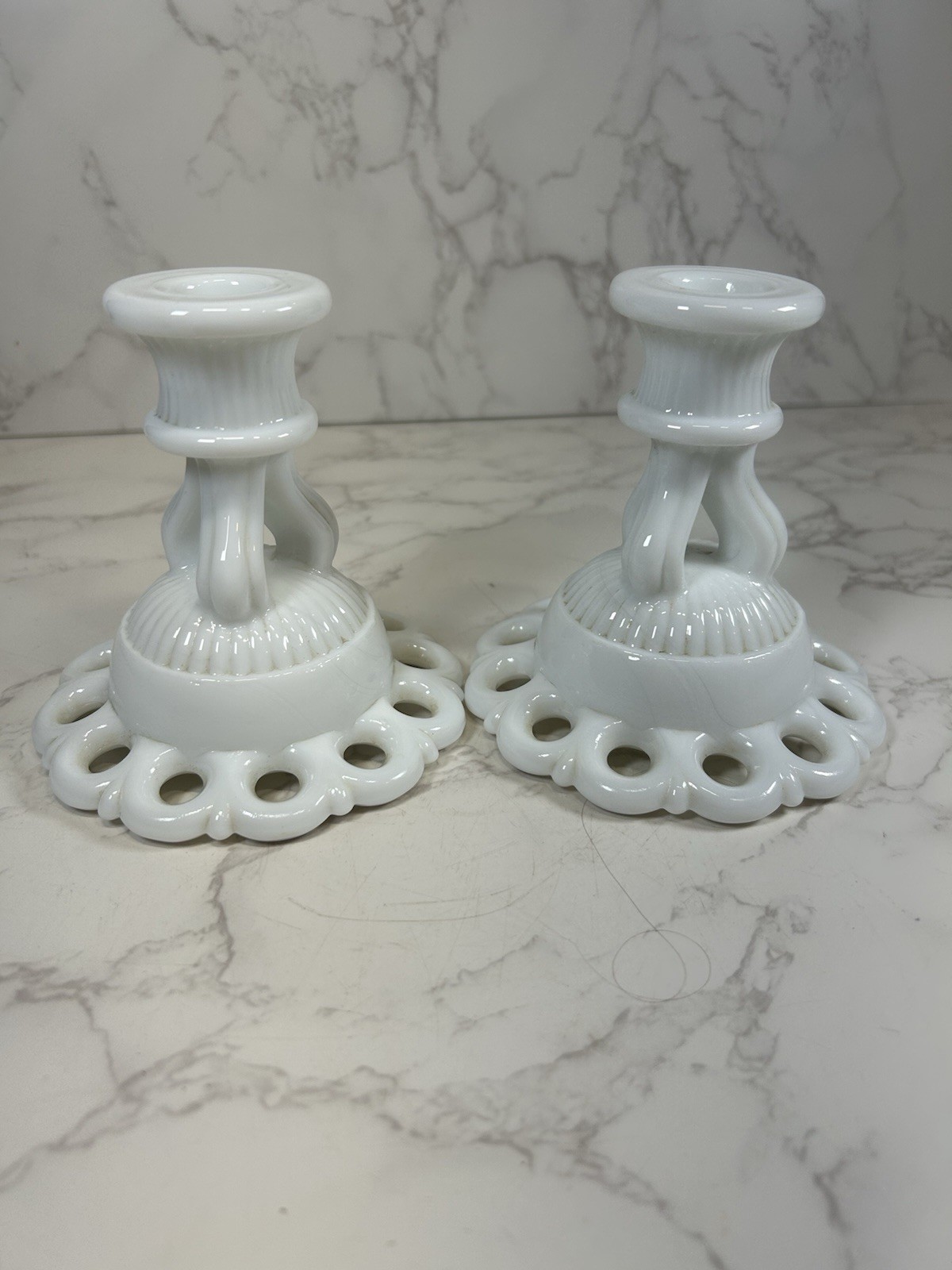 Vintage Pair Milk Glass Lace Candlestick Holders