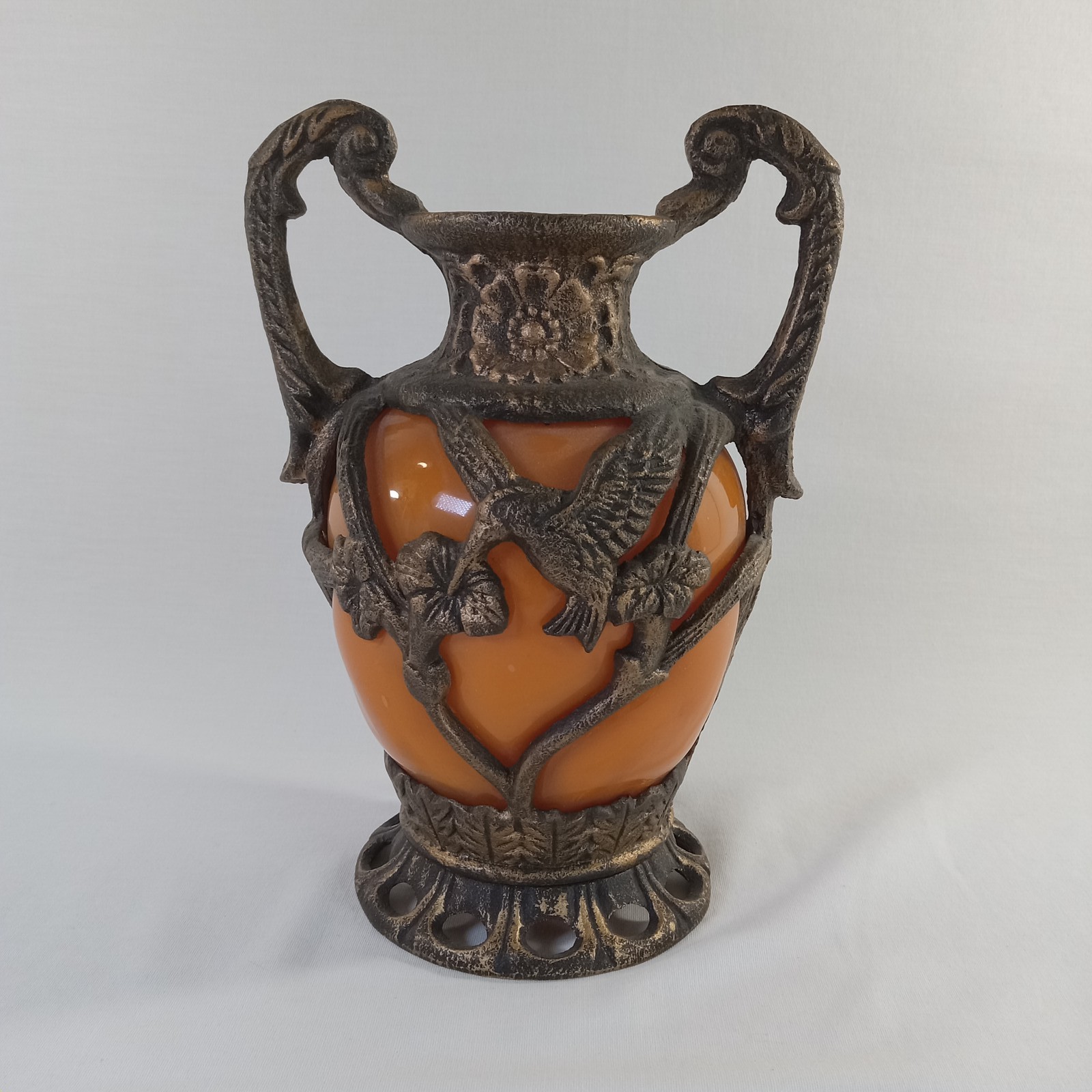 Vintage Caged Amber Orange Glass Urn RARE Hummingbird & Floral Metal Overlay