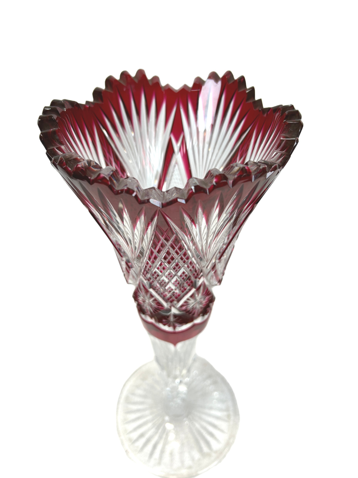 1900s Libbey Brilliant Period Cranberry Cut to Clear Harvard Pattern 14″ Trumpet