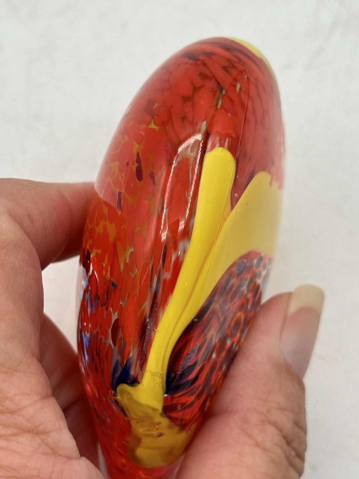 Art Glass Blown Paperweight Heart Shaped Orange And Yellow Clear Cased