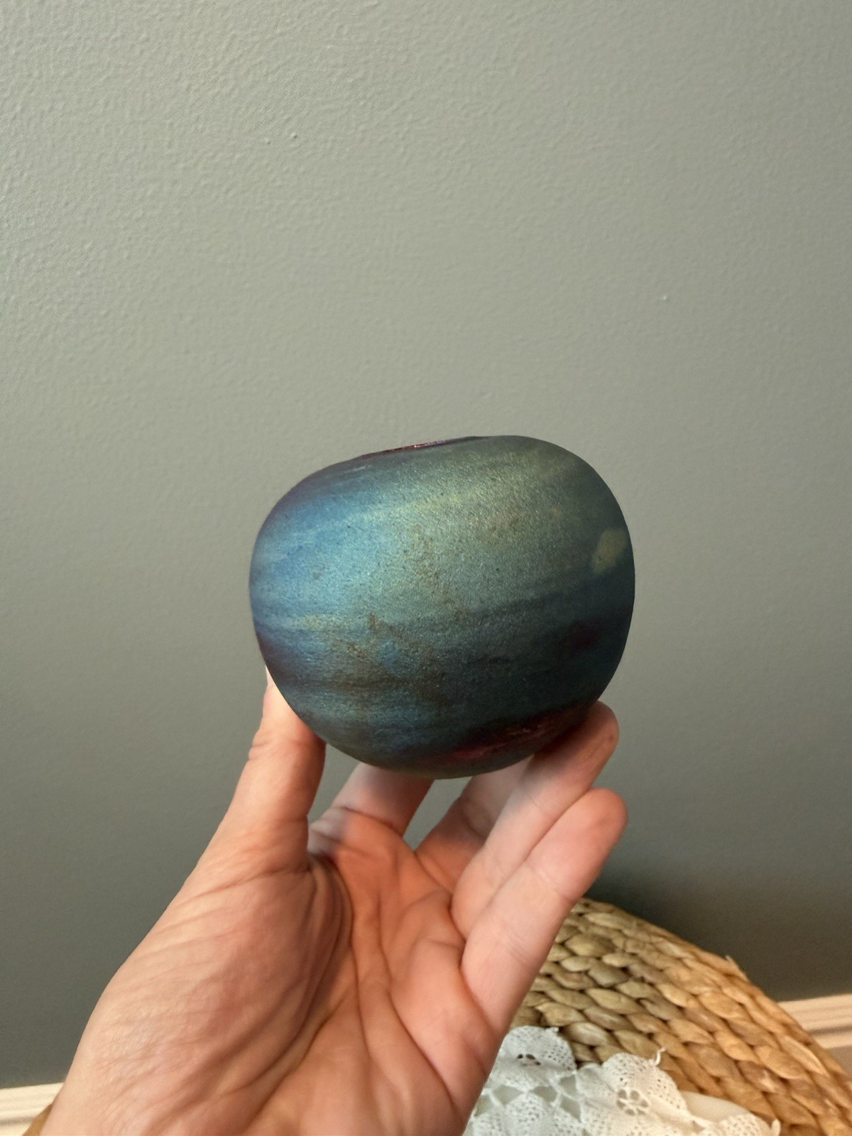 Jeremy Diller Signed Raku Pottery Vase Blue Purple Iridescent Studio Art
