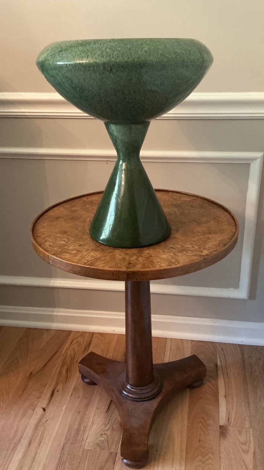 MCM Haeger USA Pottery Large Pedestal Planter Bowl Vase Green Drip Glaze 15”