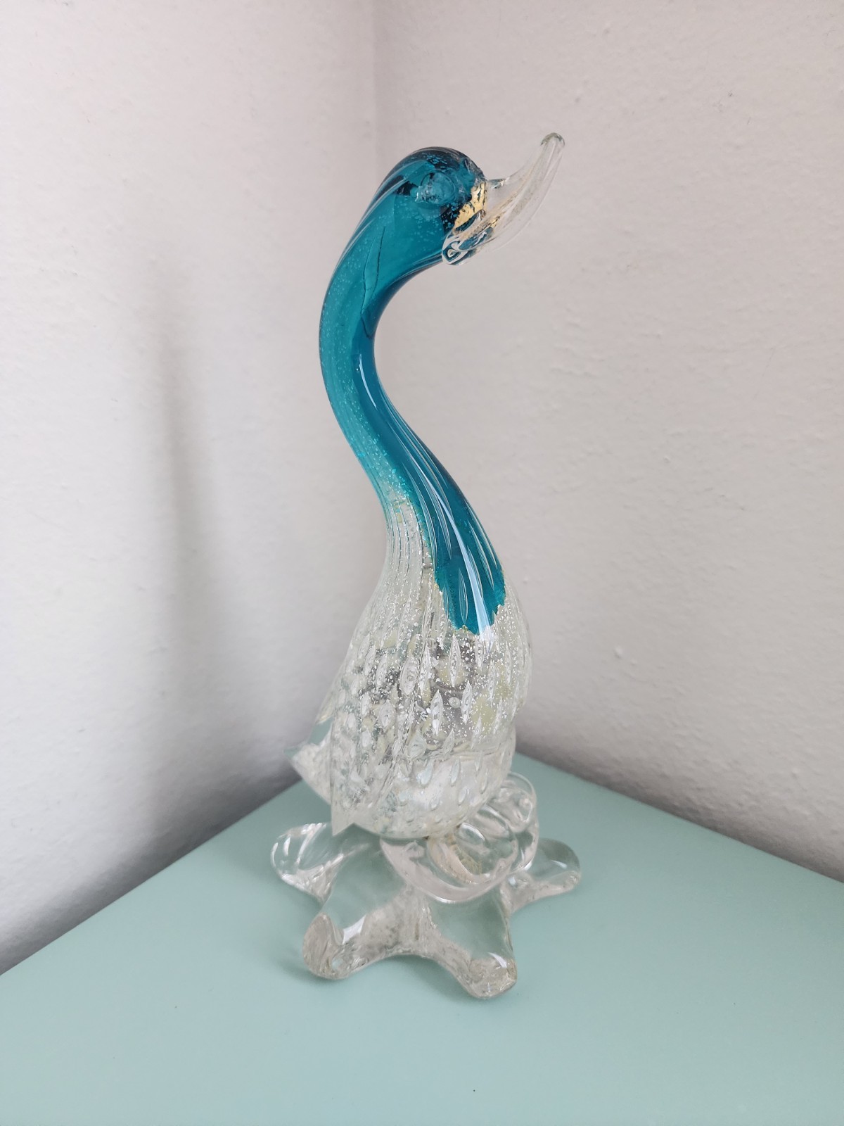 Vintage Murano Formia Blue Art Glass Goose Duck Figurine 8.5″ Gold Leaf CHIPPED