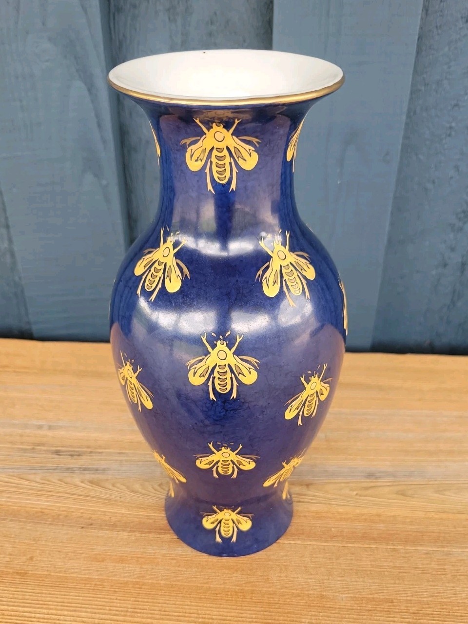 Andrea By Sadek Cobalt Blue decorative Vase w Painted Gold Bees 10″