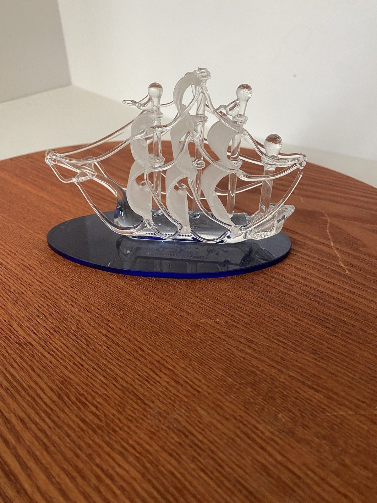 Vintage Hand Spun Glass Figurine Sailboat Pirate Ship Blue Base New