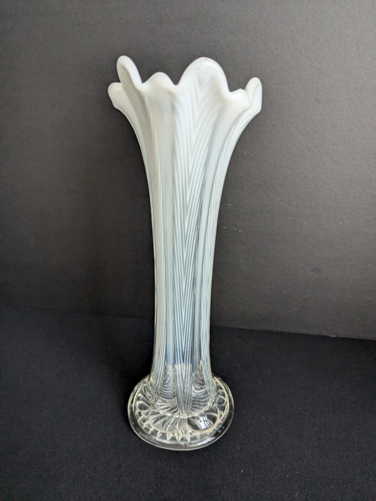 Atq Northwood Pulled Feather Milky White Swung Vase 10 3/4 Inches Tall