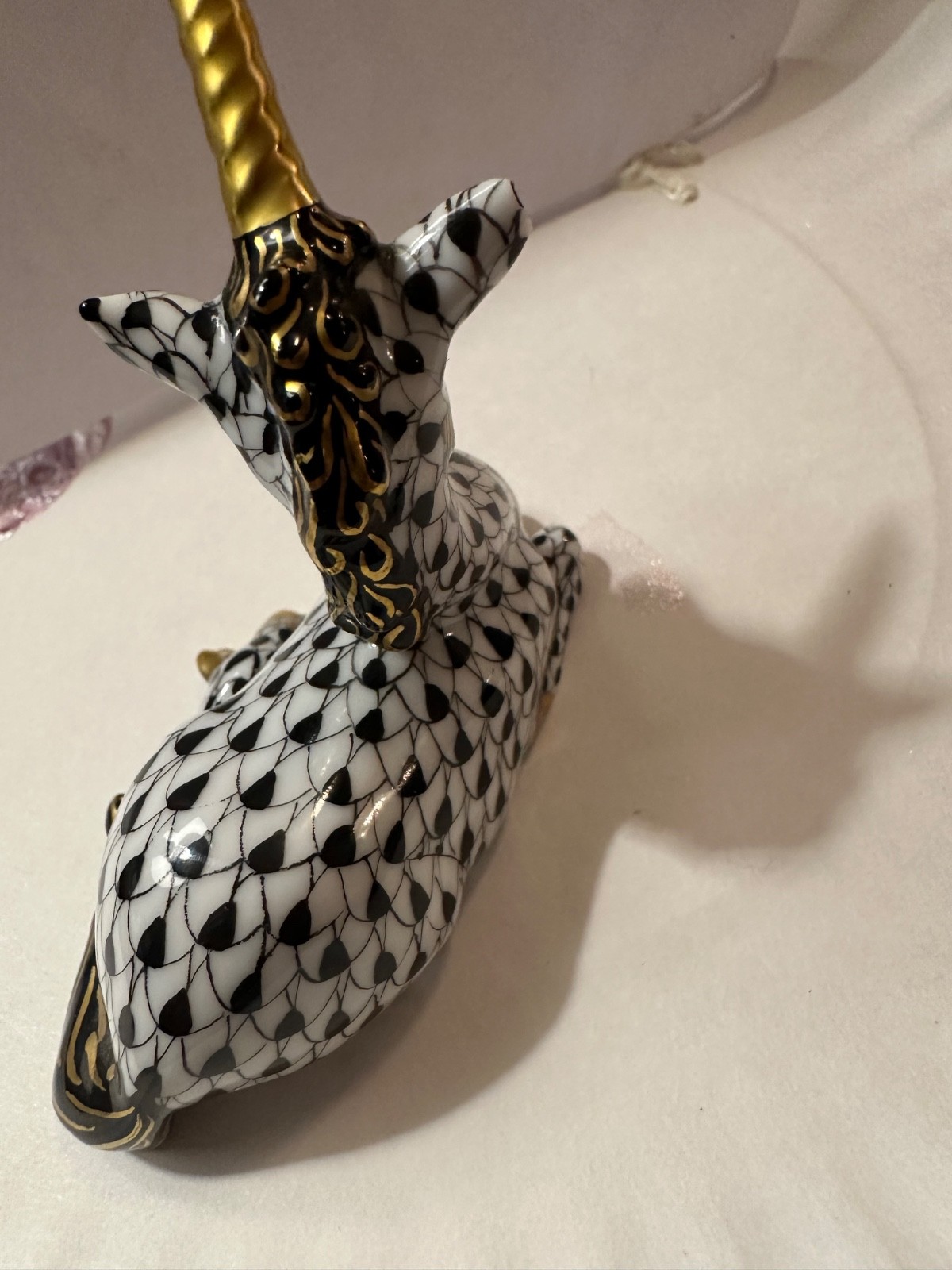 Herend Hungary Porcelain Fishnet Unicorn Figurine ~rare-Black & Gold chipped ear