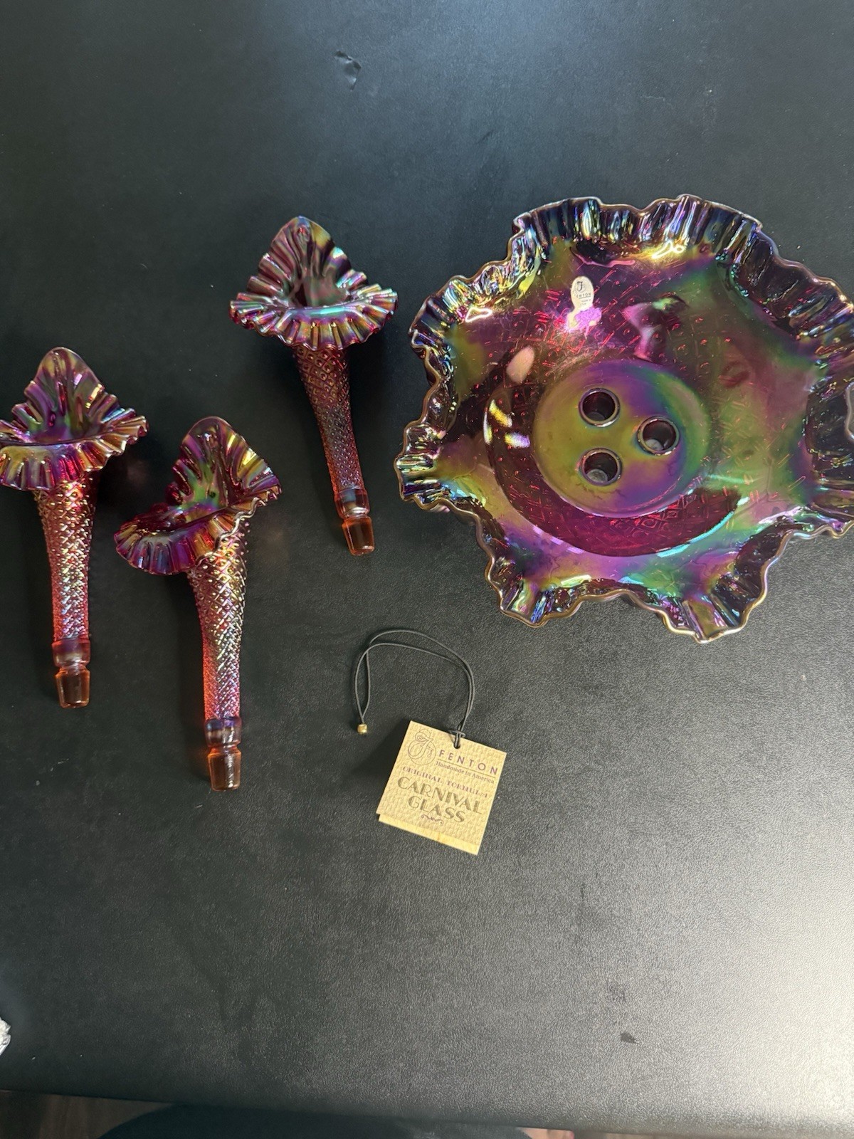 Fenton Art Glass Red Carnival Iridescent Diamond Lace 3 Horn Epergne Collectible