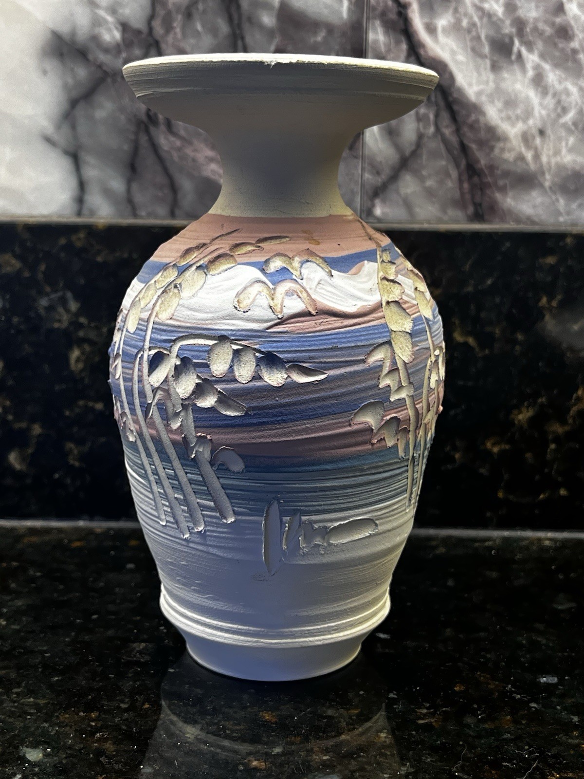 Studio Pottery Beach Vase Signed Ocean Carved Pink Blue Sunset 5×3