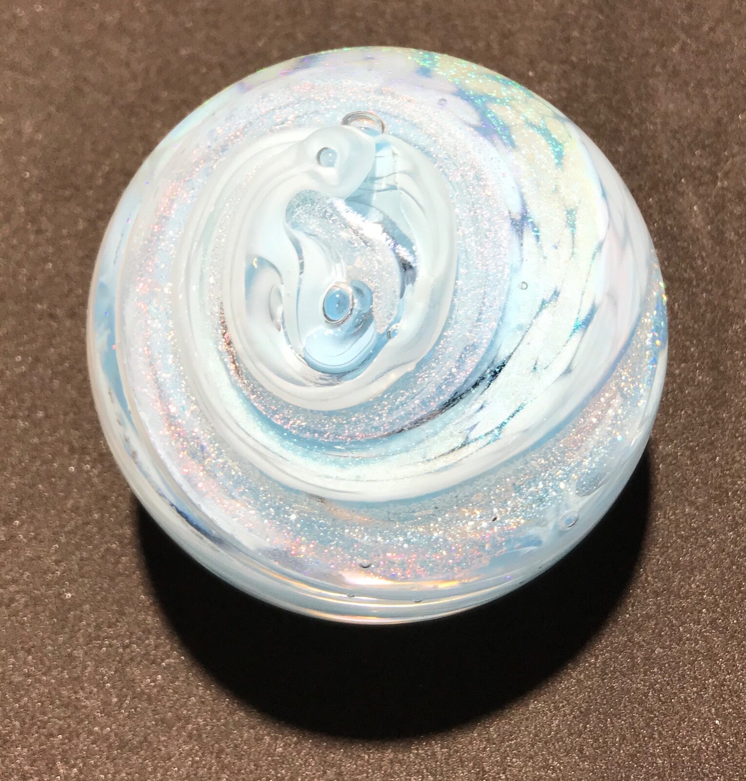 Handmade Dichroic Glass Paperweight by Janet Wolery – BLUE CLOUD SWIRL – 3 1/4”