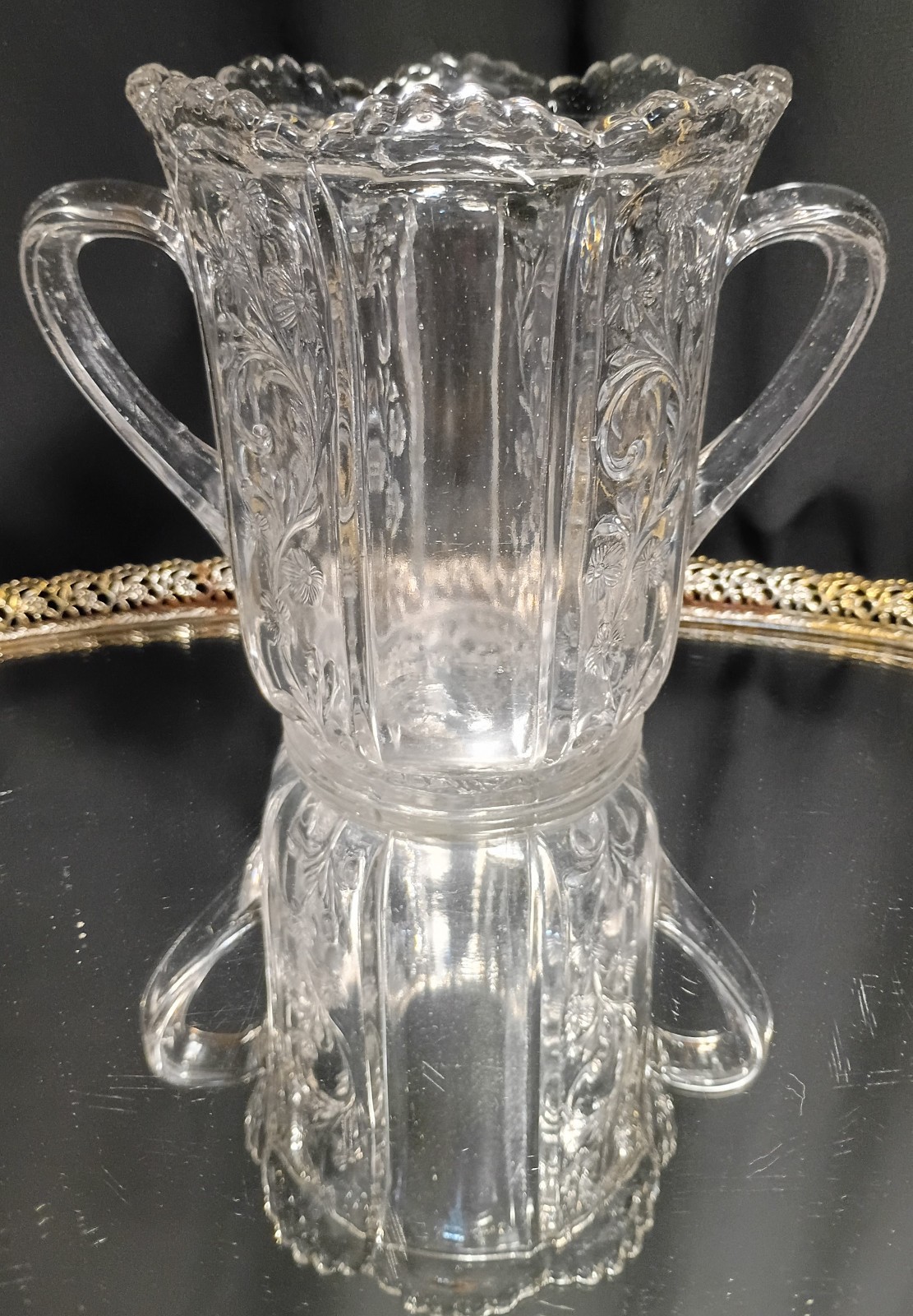 Antique 2-Handled PANELED HEATHER Tall Celery/Sawtooth Vase Indiana Glass