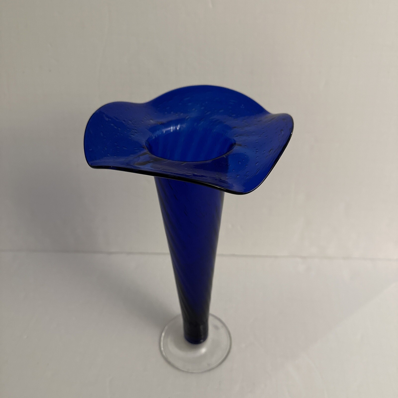 Handcrafted Cobalt Blue Blown Glass Swirl Lily Vase With Clear Base & Bubbles