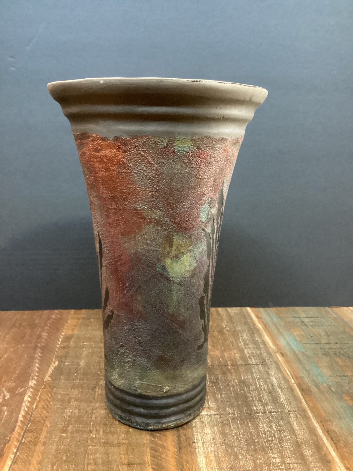 Handmade Raku Vase with Earthy Copper Iridescent Hues wheat design 10”