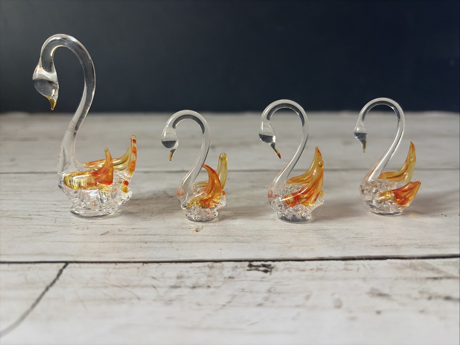 Vintage Hand-Blown Art Glass Swan Figurines Set Of 4 – Clear & Amber Gold – 3″