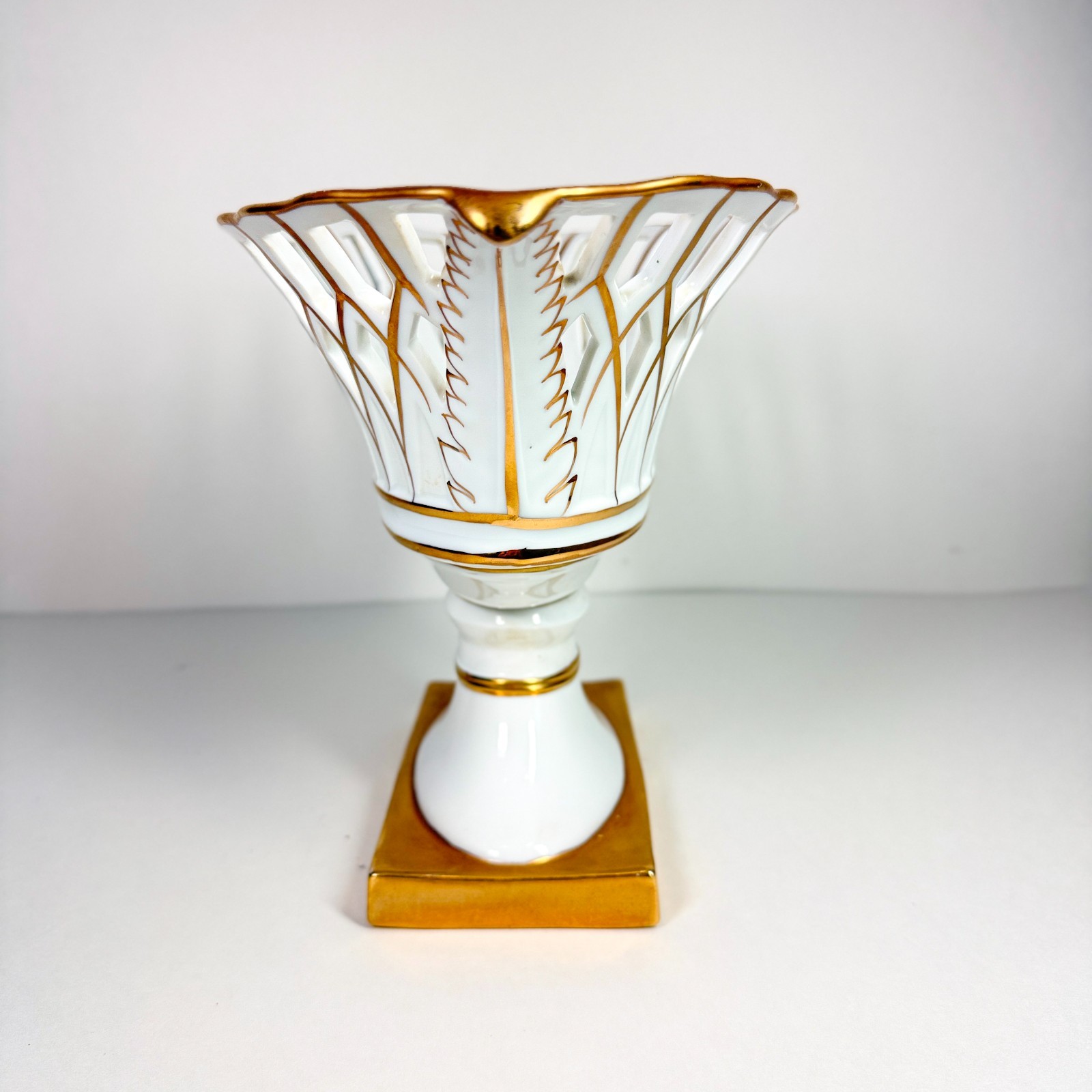 Vintage White & Gold Pierced Porcelain Basket Compote Centerpiece Bowl