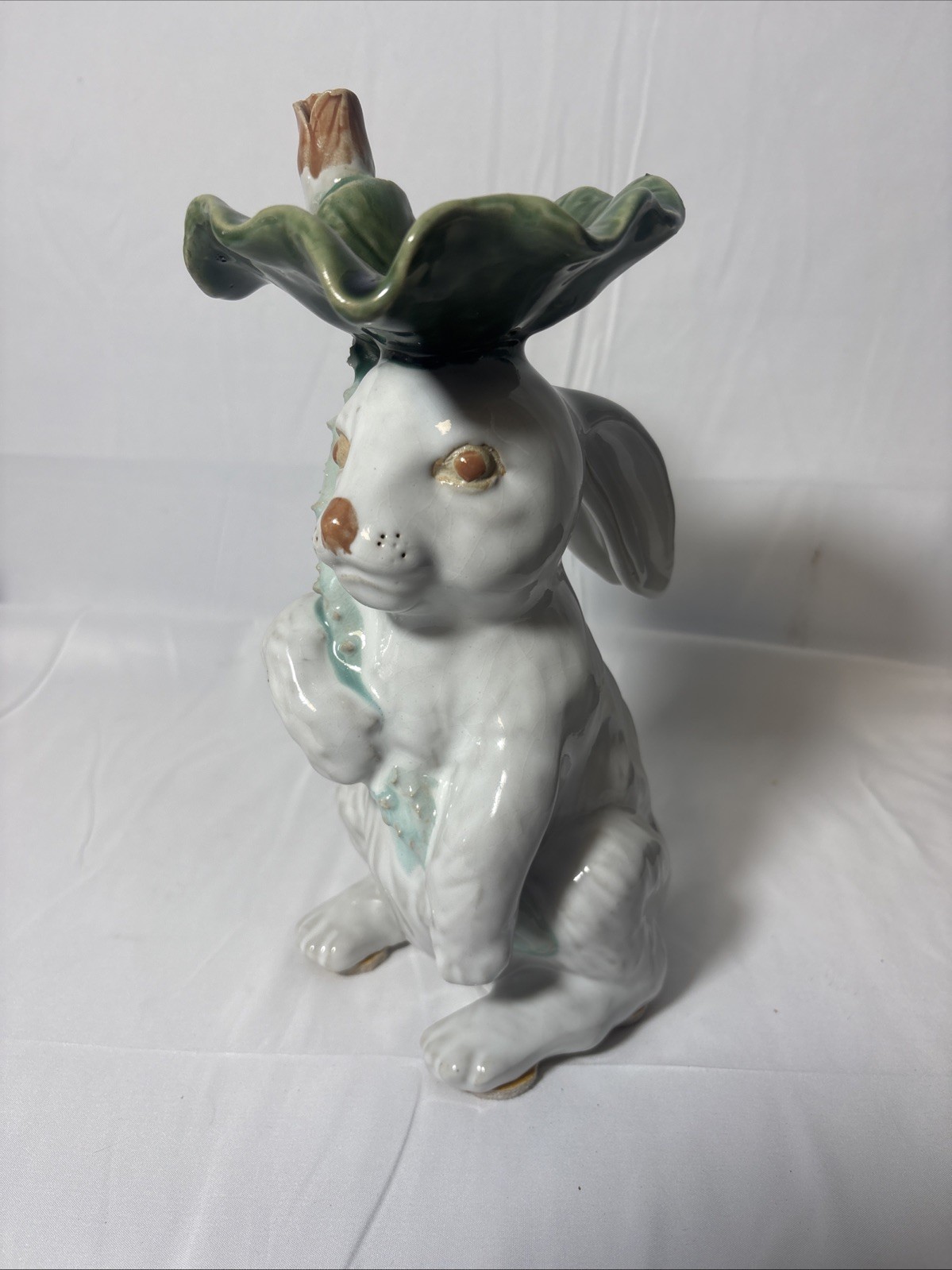 Vintage White Rabbit Cactus Flower Majolica Art Pottery Figural Vase Figurine