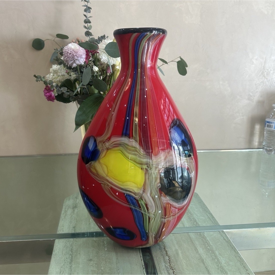 Red Multicolor Art Glass Vase w/ Yellow Center & Blue Swirl, Glossy Finish