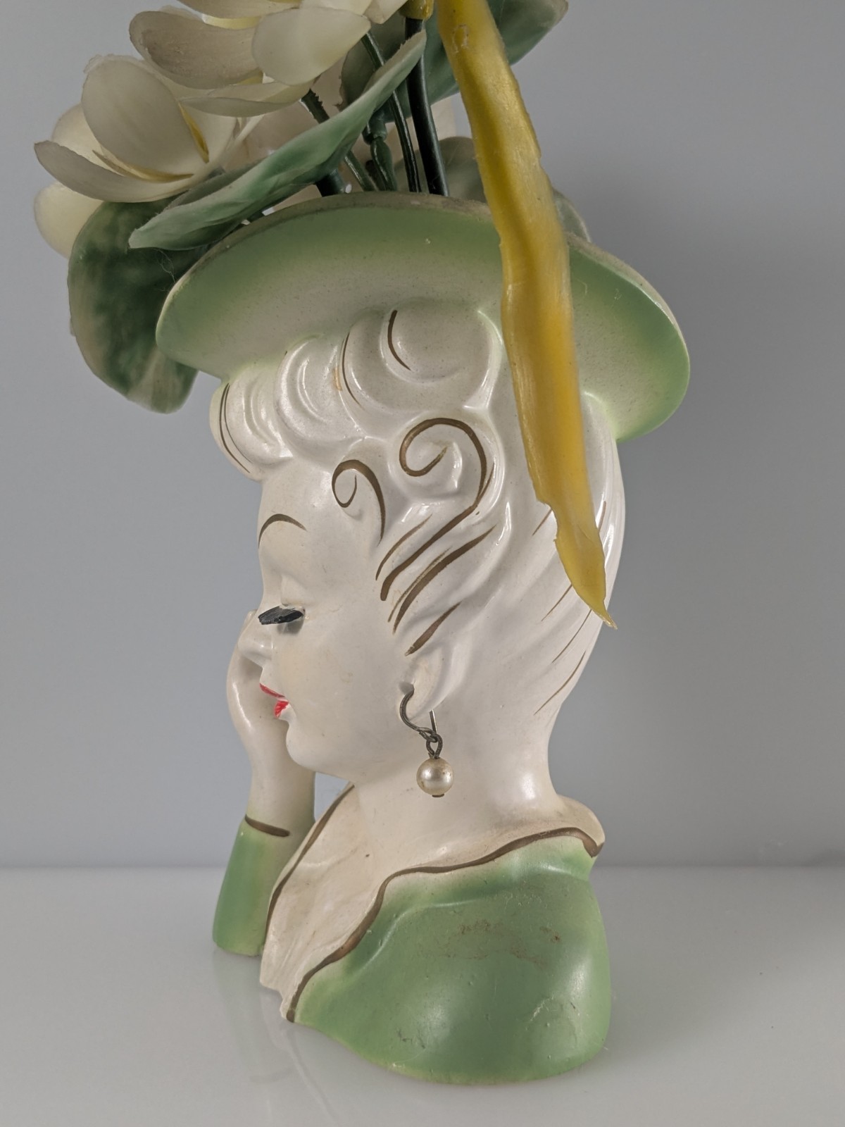 Vintage Lady Head Vase Tilso Headache Hand Original Plastic Flowers & Jewelry