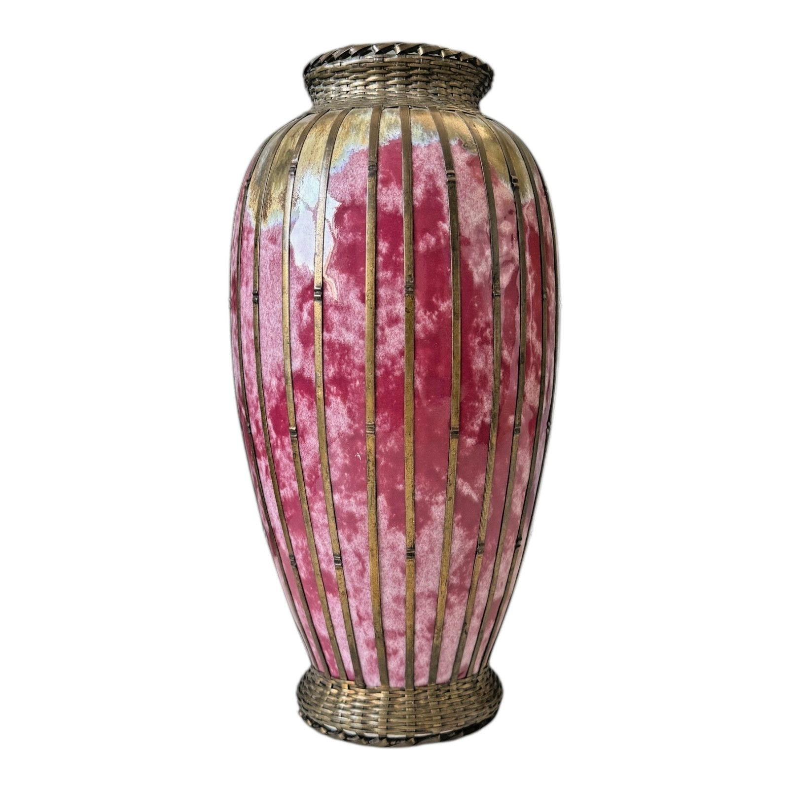 Antique Japanese Meiji Period Pink Art Vase with Metal Basket Weave Overlay